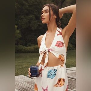 Anthropologie Linen Halter Maxi Dress in Shell Print